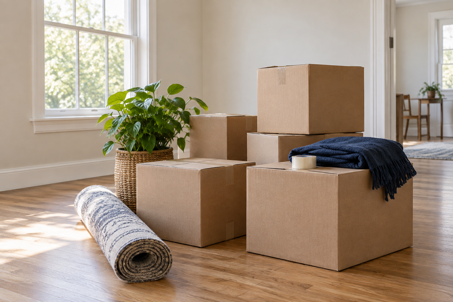 Moving boxes and a houseplant in a sunlit room